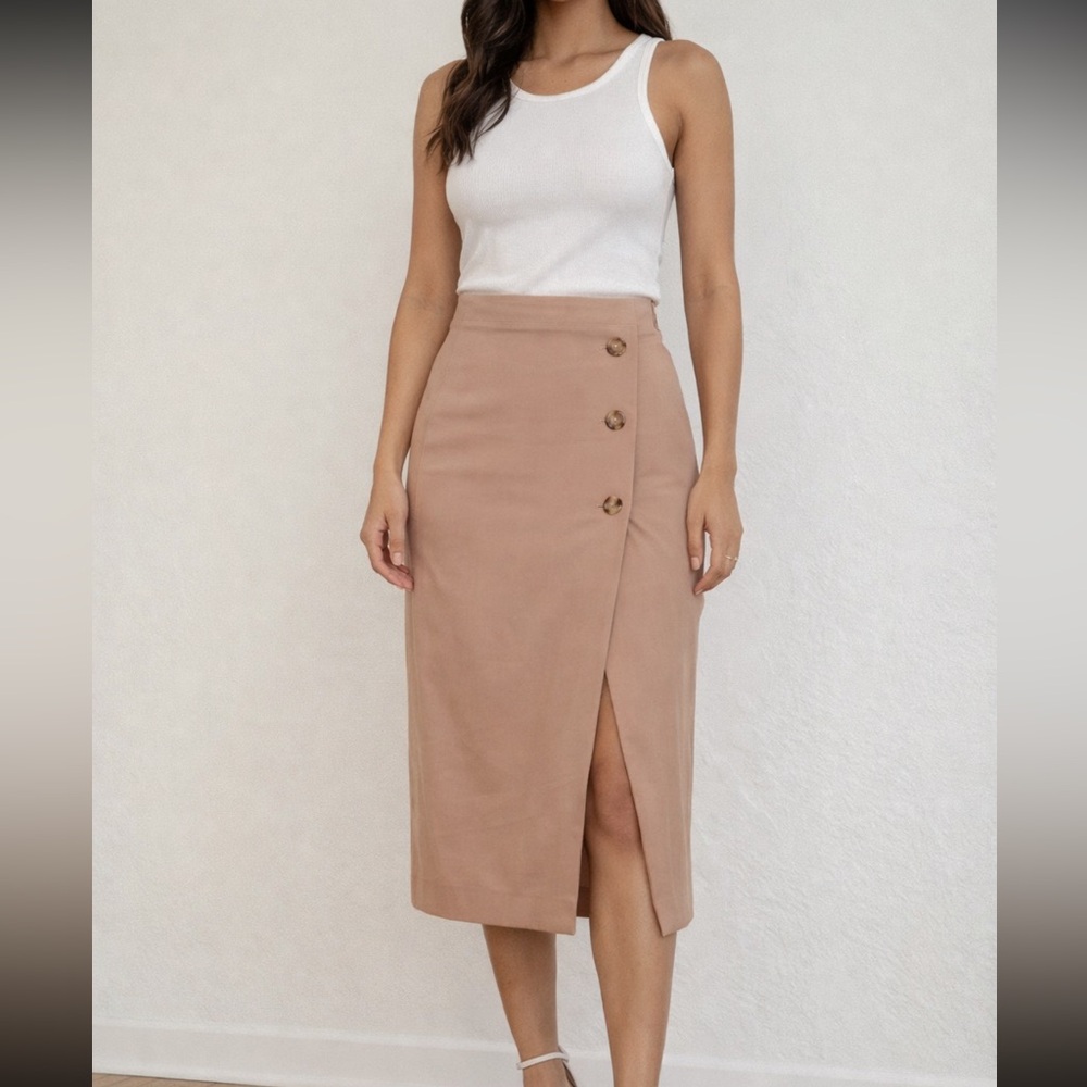 Babaton Beige Wrap Pencil Skirt with Button Detail